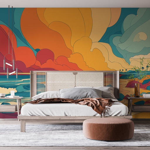 Une chambre contemporaine avec un papier peint abstrait aux teintes vives d'orange, bleu et jaune, évoquant une atmosphère chaleureuse et dynamique.