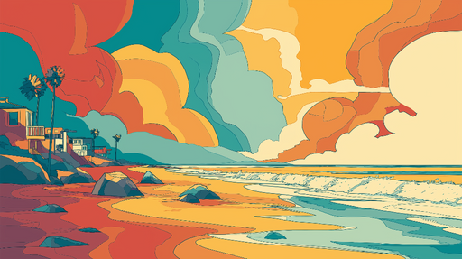 Papier peint plage colorée Paysage côtier stylisé avec des nuances chaudes et tropicales