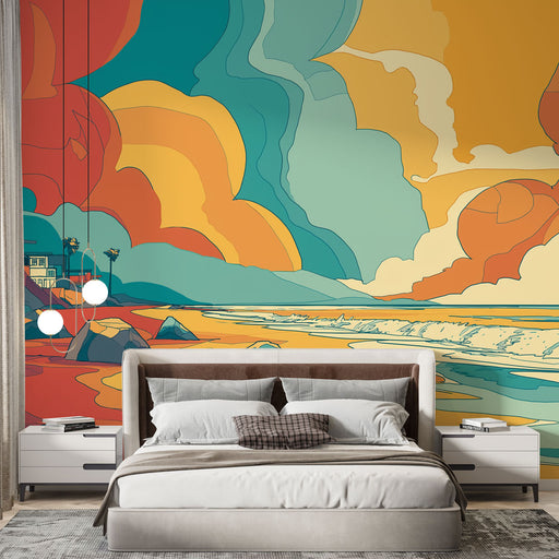 Une chambre moderne avec un papier peint illustrant un paysage côtier stylisé aux couleurs vives, évoquant une ambiance sereine et artistique.