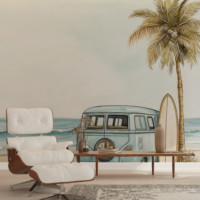 Papier peint plage | Combi bleu et palmier au bord de la mer