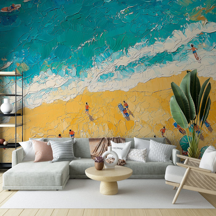Un salon lumineux avec un papier peint représentant une plage animée, aux teintes vives de bleu et de jaune, créant une atmosphère estivale et joyeuse.