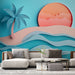 Papier peint plage design moderne avec palmier et coucher de soleil en papier découpé pour salon contemporain