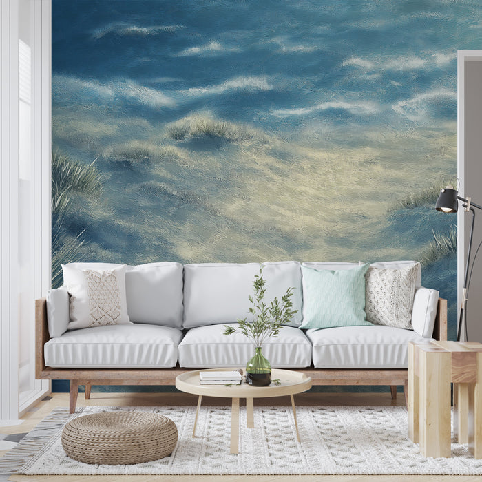 Une pièce lumineuse avec un papier peint représentant un paysage marin aux nuances de bleu et de beige, créant une atmosphère apaisante et naturelle.