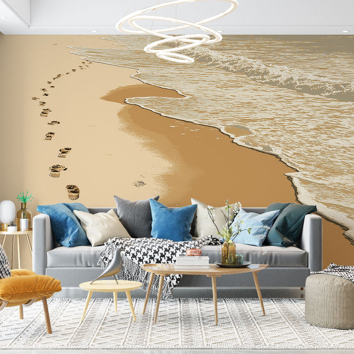 Un salon moderne avec un papier peint représentant une plage dorée, des empreintes de pas sur le sable et des vagues, créant une ambiance sereine et apaisante.