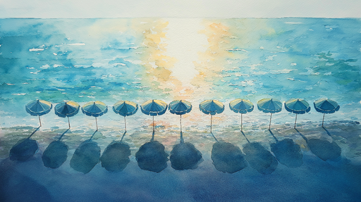 Papier peint plage en aquarelle Ombrellas et reflets sur une mer calme