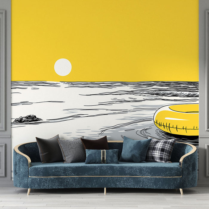 Un salon moderne avec un papier peint illustratif représentant un paysage marin minimaliste sur fond jaune, évoquant une ambiance estivale et joyeuse.