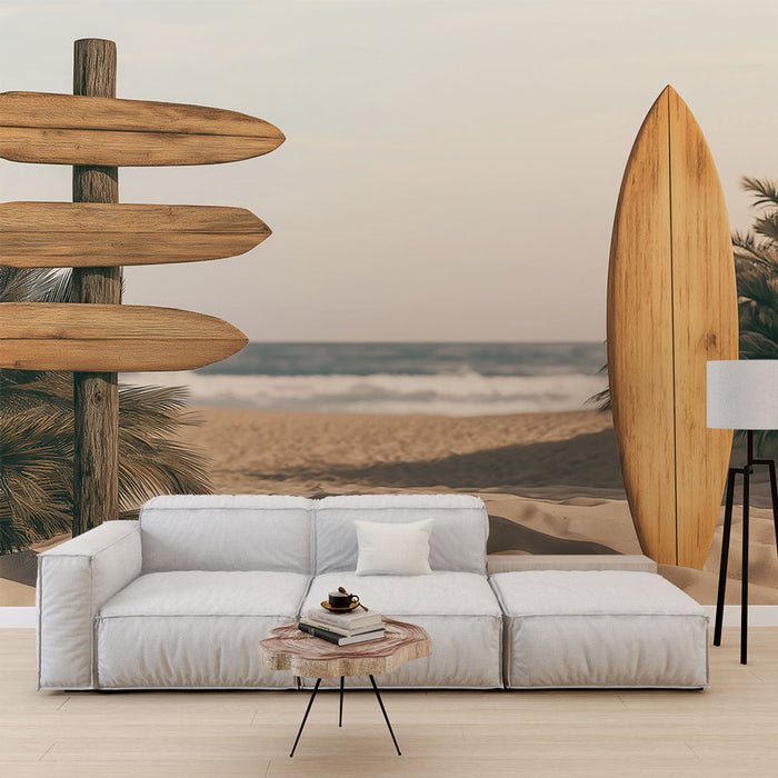 Papier peint plage | Enseigne rustique et planche de surf sur le sable