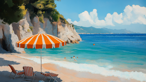 Papier peint plage ensoleillée Chaises longues et parasol rayé sur un rivage tranquille