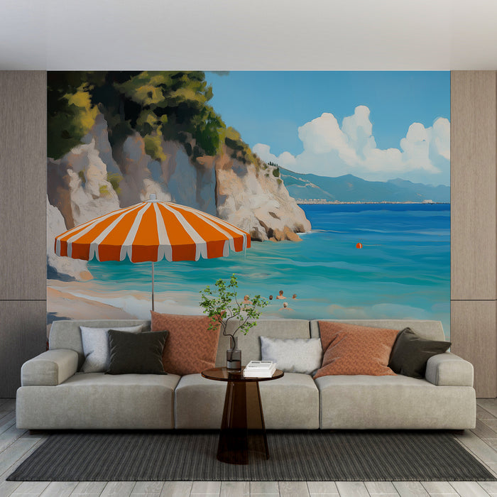Un salon moderne avec un papier peint représentant une plage ensoleillée, un parasol rayé orange et blanc, évoquant une atmosphère estivale et relaxante.
