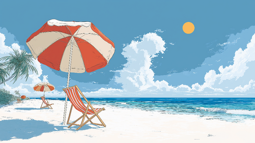 Papier peint plage ensoleillée Chaises longues sous des parasols rayés sur une plage tropicale