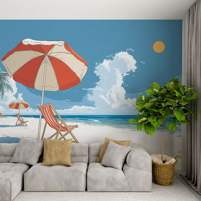 Une pièce de vie moderne avec un papier peint illustrant une plage ensoleillée, des parasols rouges et blancs, créant une atmosphère estivale et relaxante.