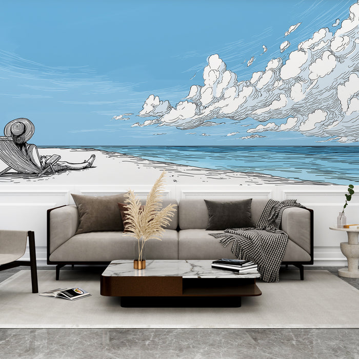 Une pièce moderne avec un papier peint illustratif représentant une plage ensoleillée, dégageant une atmosphère relaxante et estivale.