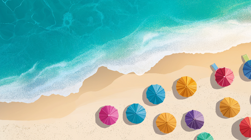 Papier peint plage ensoleillée Décor coloré avec parasols et vagues cristallines