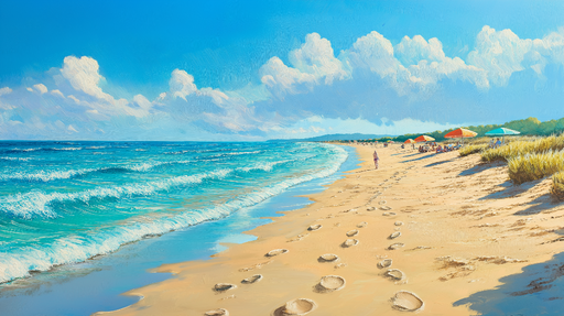 Papier peint plage ensoleillée Effet apaisant d'une plage dorée avec des parasols colorés