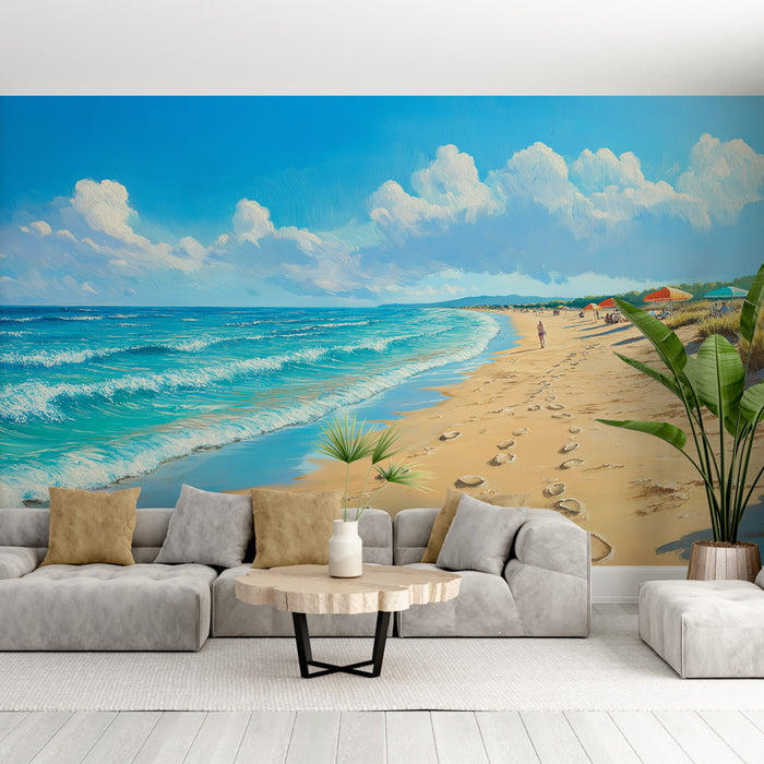 Un salon moderne avec un papier peint représentant une plage ensoleillée, aux teintes bleues et dorées, évoquant une atmosphère estivale et relaxante.