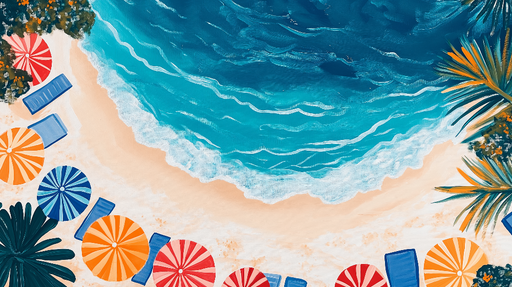 Papier peint plage ensoleillée Évasion tropicale avec parasols colorés et mer azur