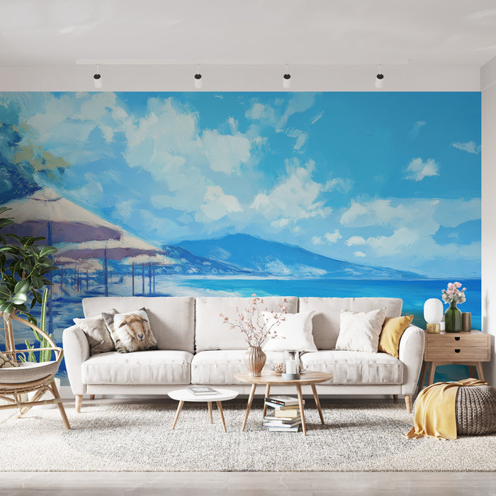Une pièce lumineuse avec un papier peint représentant un paysage marin aux teintes bleues apaisantes, évoquant une atmosphère relaxante et estivale.