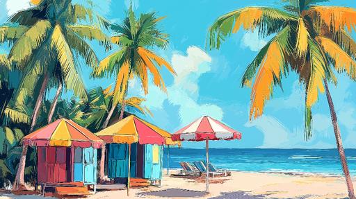 Papier peint plage ensoleillée Palmiers vibrants et cabanes colorées sur une plage de sable fin