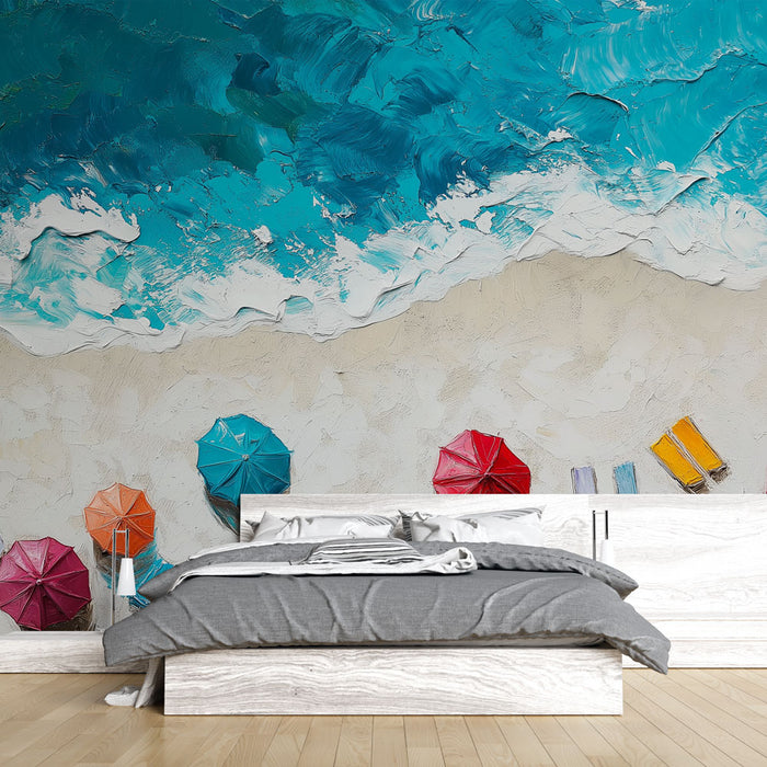 Une chambre moderne avec un papier peint représentant une plage ensoleillée, où des vagues turquoise se mêlent à des parasols colorés, créant une ambiance estivale et relaxante.