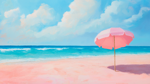 Papier peint plage ensoleillée Parasol rose sur un sable doux et ciel bleu clair