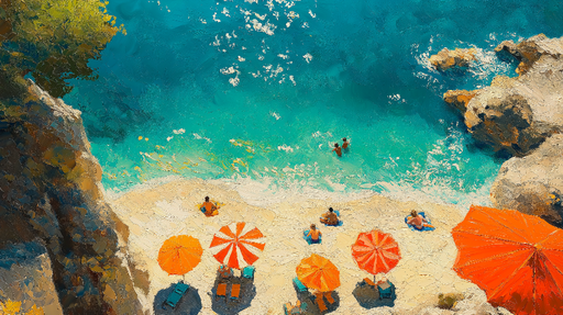 Papier peint plage ensoleillée Scène balnéaire vibrante avec chaises et parasols