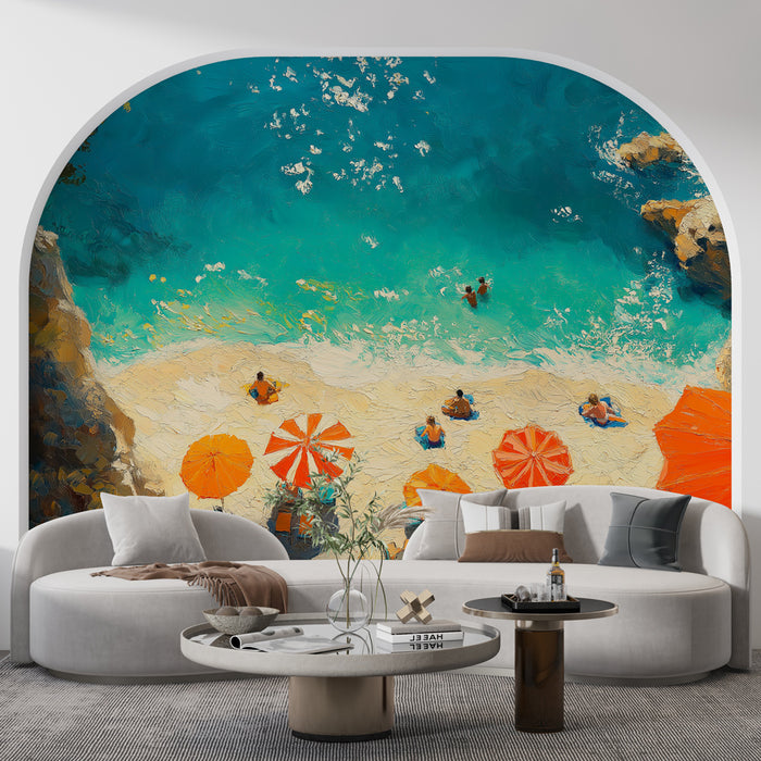 Un salon moderne avec un papier peint représentant une plage animée, aux nuances de bleu et de sable, évoquant une atmosphère estivale et relaxante.
