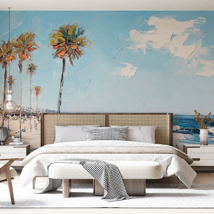 Une chambre lumineuse avec un papier peint artistique représentant des palmiers sur fond bleu clair, évoquant une ambiance estivale et apaisante.