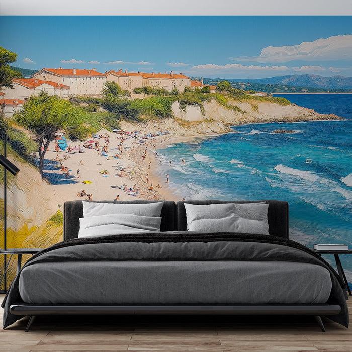 Une chambre moderne avec un papier peint représentant une plage animée sous un ciel bleu, évoquant une ambiance estivale et relaxante.