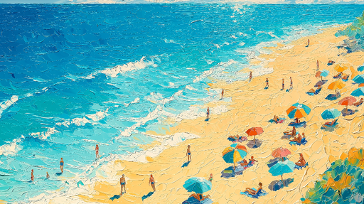 Papier peint plage ensoleillée Scène de plage animée avec des parasols colorés et des vacanciers