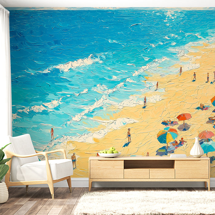 Une pièce lumineuse avec un papier peint représentant une plage animée, aux teintes vives de bleu et de sable, évoquant une ambiance estivale et joyeuse.