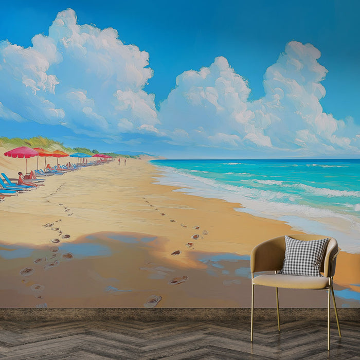 Une pièce lumineuse avec un papier peint représentant une plage ensoleillée, des parasols rouges et des vagues turquoise créant une atmosphère estivale et relaxante.