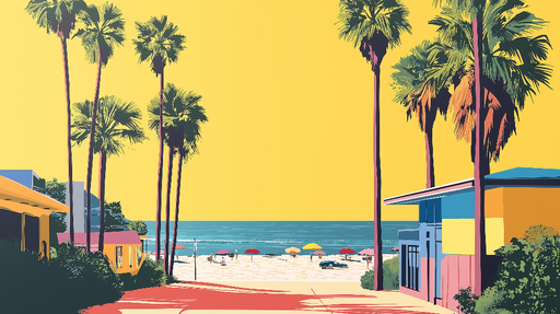 Papier peint plage ensoleillée Scène de plage vibrante avec palmiers et parasols colorés