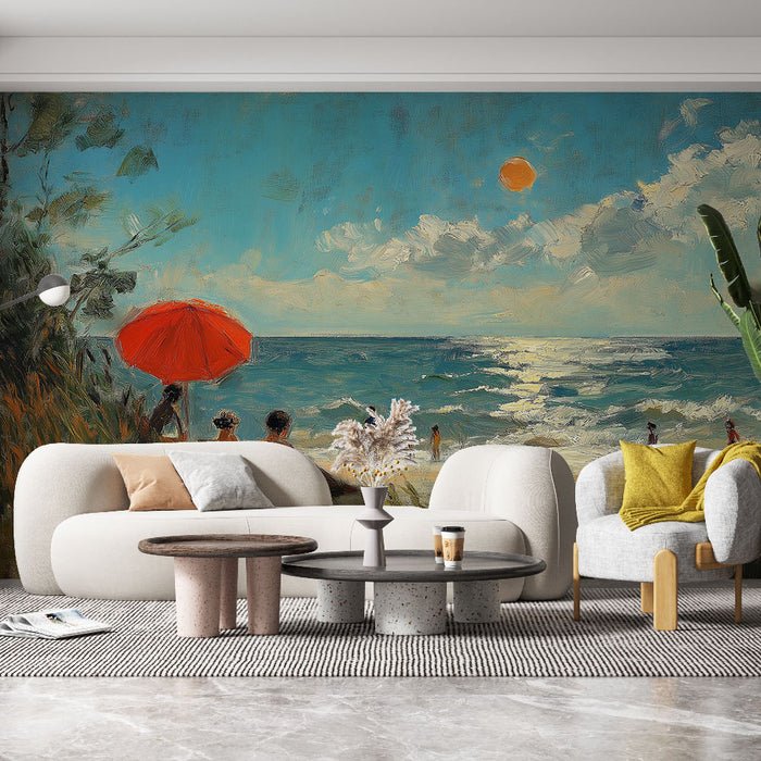 Un salon moderne avec un papier peint représentant une scène de plage colorée, où un parasol rouge se détache sur un fond bleu vif et ensoleillé.