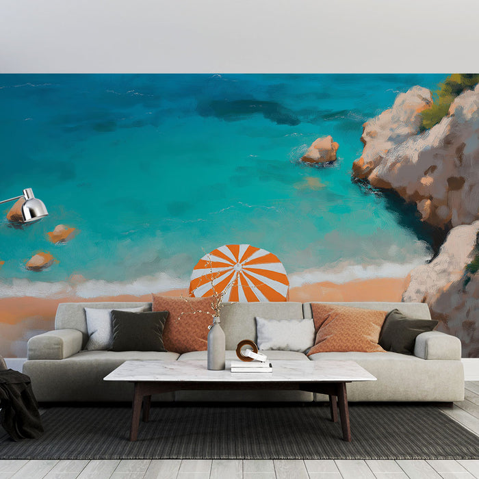 Un salon moderne avec un papier peint représentant une plage ensoleillée, des eaux turquoise et un parasol orange, évoquant une ambiance estivale et relaxante.