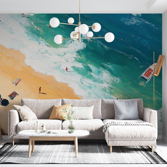 Une pièce de vie moderne avec un papier peint représentant une vue aérienne d'une plage aux teintes bleu turquoise et sable, évoquant une ambiance estivale et relaxante.