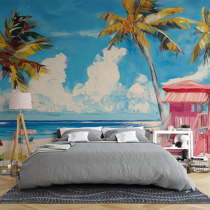 Une chambre lumineuse avec un papier peint mural représentant une scène tropicale colorée, mêlant des palmiers dorés et un cabanon rose sur fond bleu, évoquant une atmosphère estivale et relaxante.