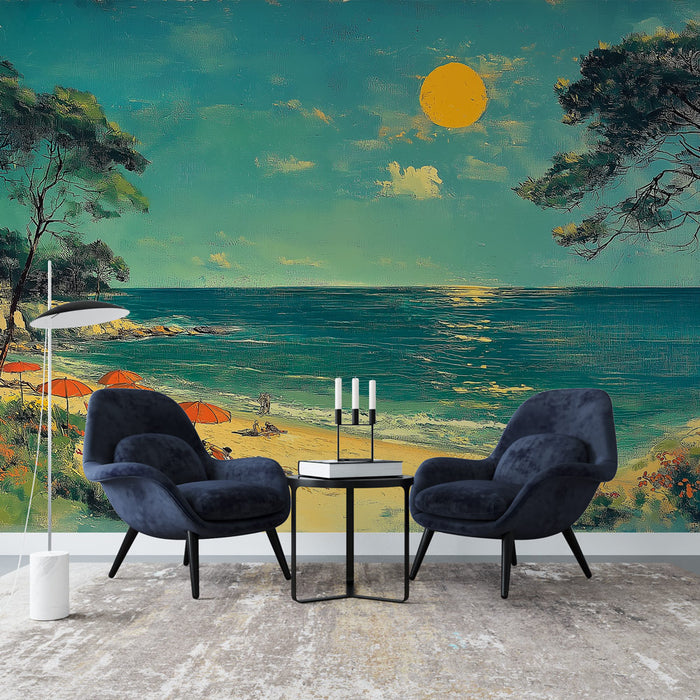 Une pièce de vie contemporaine avec un papier peint représentant une plage ensoleillée, aux teintes turquoise et orangées, évoquant une atmosphère estivale et relaxante.