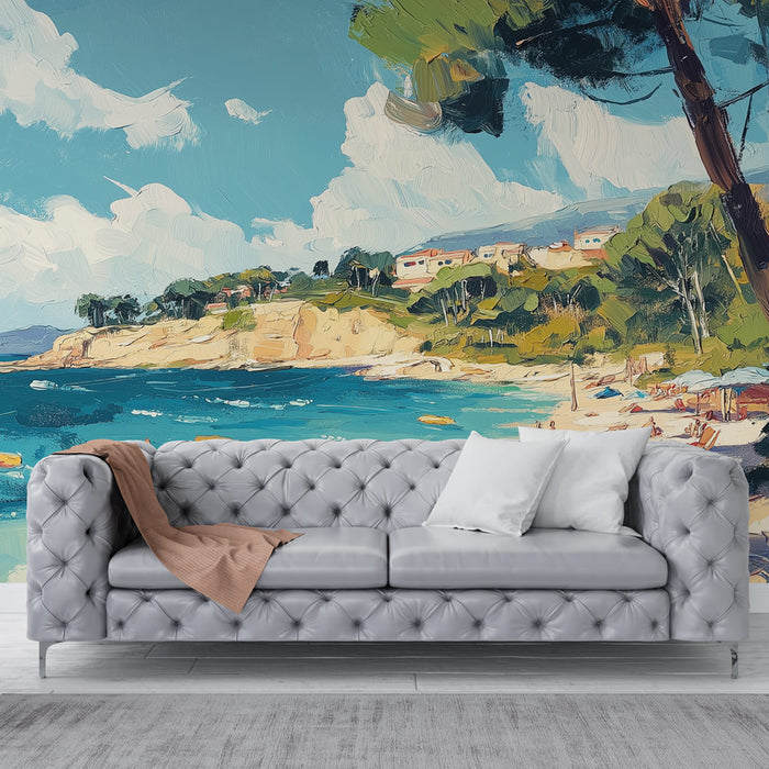 Un salon contemporain avec un papier peint représentant une scène côtière colorée, évoquant des vacances estivales et une ambiance relaxante.