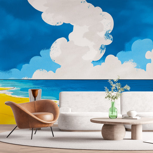 Un salon moderne avec un papier peint artistique représentant un ciel bleu vif et des nuages blancs, évoquant une atmosphère estivale et relaxante.
