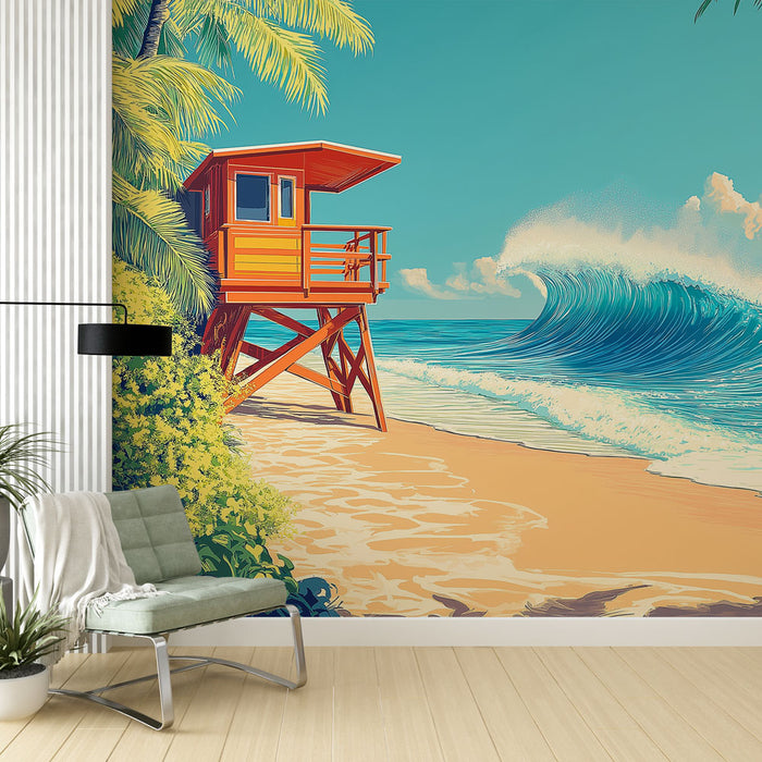 Une pièce de vie lumineuse avec un papier peint tropical représentant une plage ensoleillée, un poste de secours coloré et des vagues stylisées, évoquant une atmosphère estivale et relaxante.