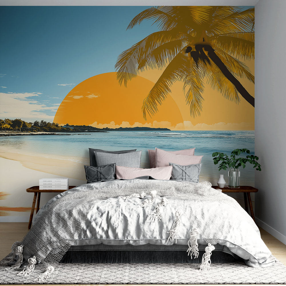 Papier Peint Premium Non Tissé Wallario - Motif Palmiers Ciel Rose Plage - Pour Toutes Les Pièces
