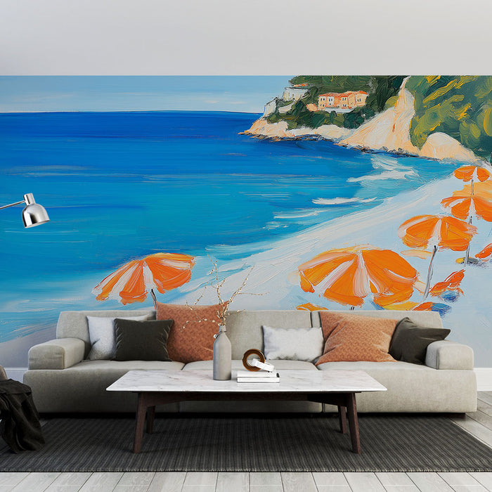 Un salon lumineux avec un papier peint représentant une plage ensoleillée, des parasols orange et une mer turquoise évoquant des vacances estivales et une ambiance relaxante.