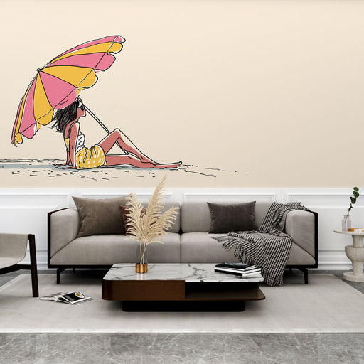 Une pièce moderne avec un papier peint illustratif représentant une femme détendue sous un parasol coloré, évoquant une ambiance estivale et joyeuse.