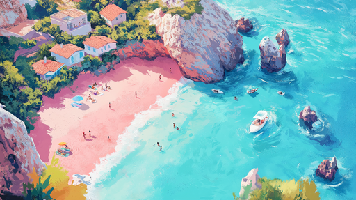 Papier peint plage estivale Scène balnéaire vibrante avec maisons blanches et eaux turquoise