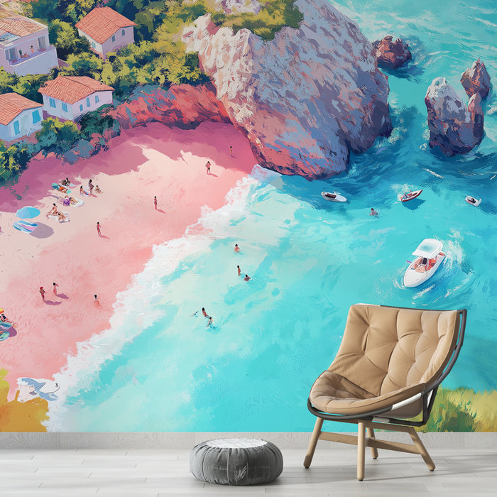 Une pièce moderne avec un papier peint représentant une plage animée aux teintes pastel, évoquant une ambiance estivale et vivante.
