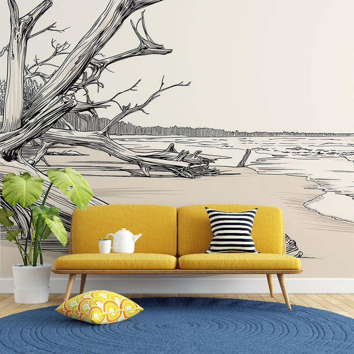 Un salon contemporain avec un papier peint illustratif représentant des branches nues sur un fond clair, créant une ambiance artistique et apaisante.
