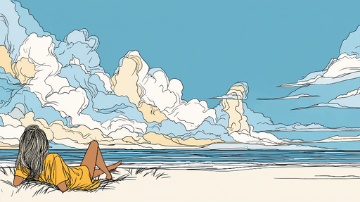 Papier peint plage et ciel Femme relaxant face à l'océan sous un ciel nuageux