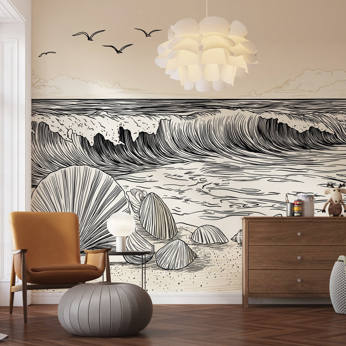 Une salle de séjour avec un papier peint illustrant une scène marine en noir et blanc, évoquant une ambiance apaisante et artistique.