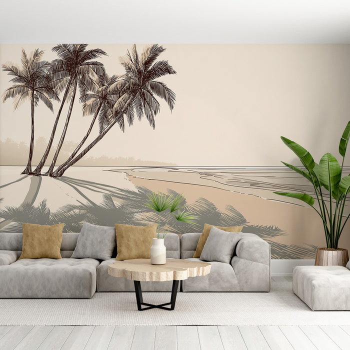 Un salon moderne avec un papier peint représentant des palmiers stylisés sur fond beige, évoquant une ambiance sereine et tropicale.