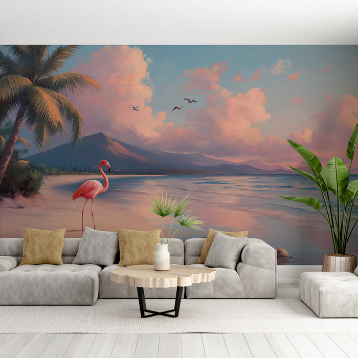 Une pièce moderne avec un papier peint tropical représentant un flamant rose sur une plage au coucher de soleil, créant une ambiance relaxante et sereine.